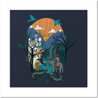 Adventure Block Print - jungle adventure scene with sunset, elephant, leopard and crocodiles Posters and Art